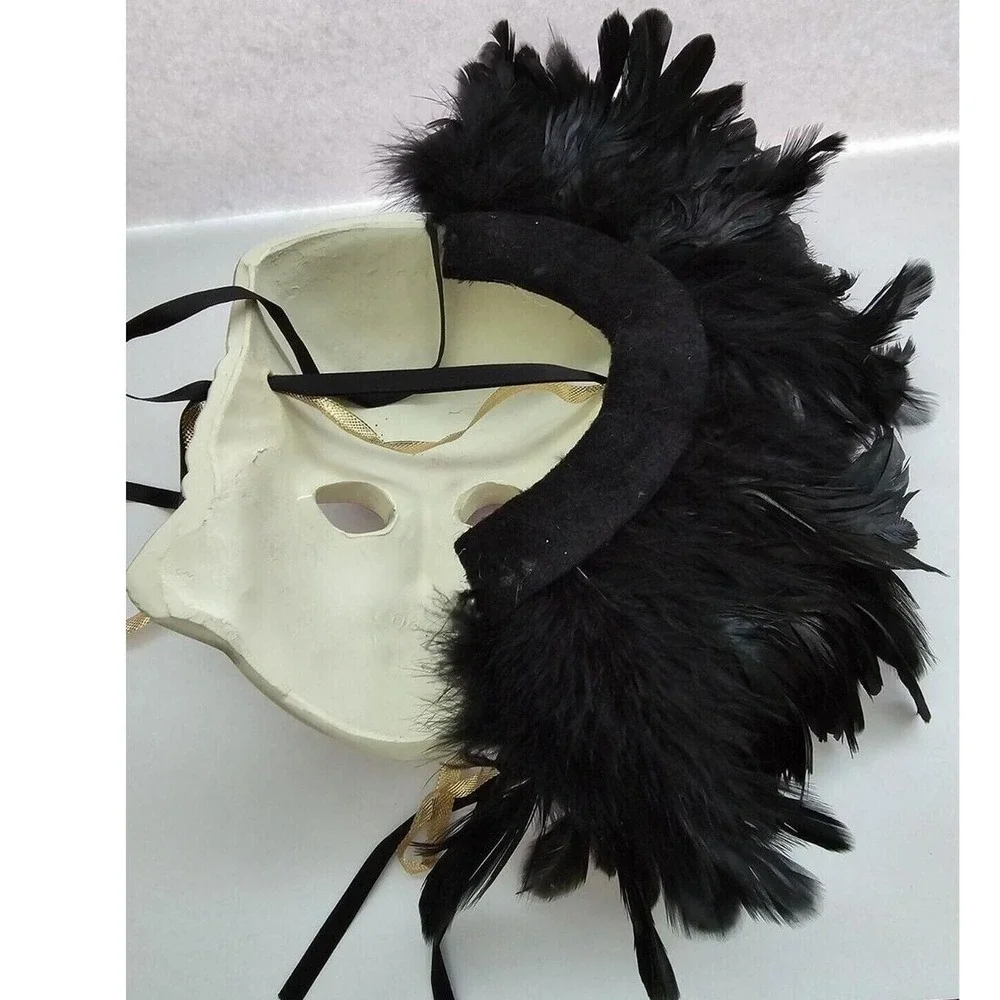 Vintage Ceramic Masquerade Wall Mask Black Gold Stars Feathers Art‎ Deco Style